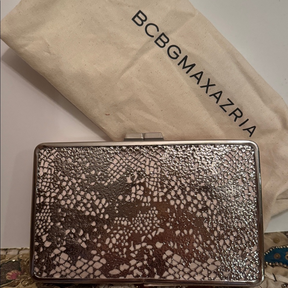 BCBGMaxAzria Silver Metal Lace Over Satin Clutch Brand New Never Used